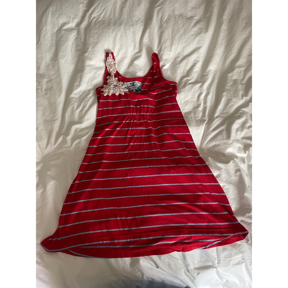 Authentic Y2K Element Mini Dress Red Striped Crochet Lace Shoulder Boho Skater-M